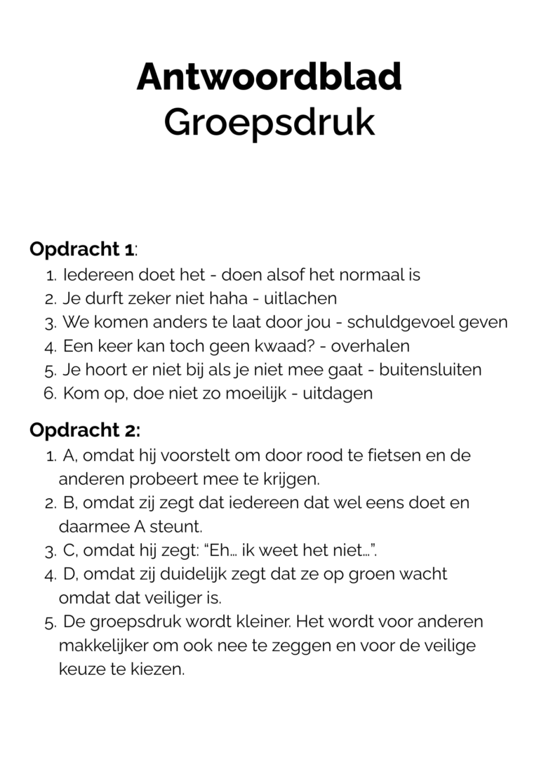 Antwoorden werkblad zonder groepsdruk