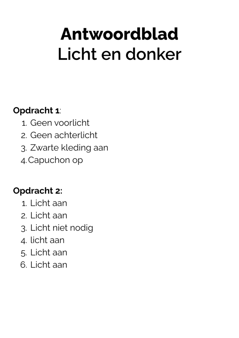 Antwoorden werkblad In het licht en donker VR